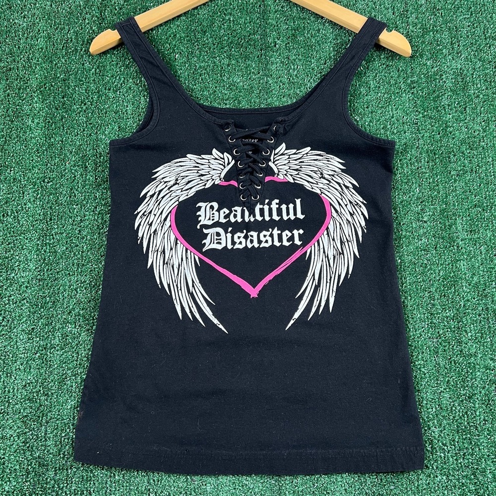 Vintage Beautiful Disaster Tank Top Women's Black Small Angel Wings Lace Up  Y2K